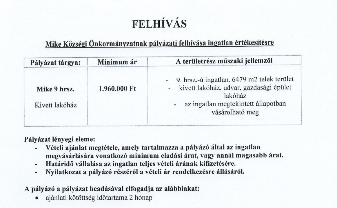 Mike 9. hrsz értékesítése - felhívás